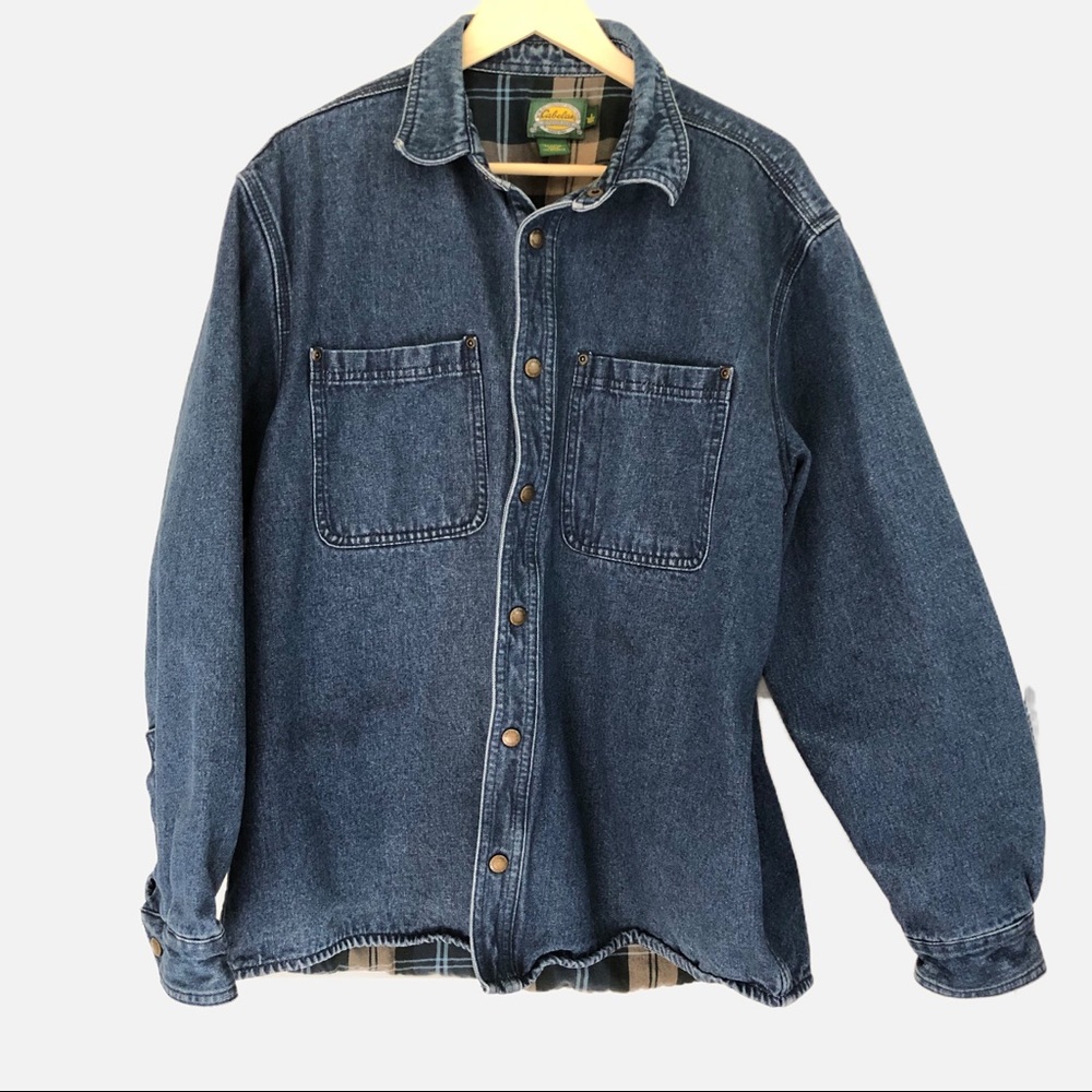 Cabela's Blue Jean Flannel Green Plaid Lined Cotton Denim Jean Jacket Men's Size